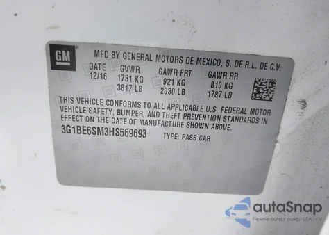 2017 Chevrolet Cruze Lt Auto z USA, uszkodzony, nr VIN 3G1BE6SM3HS569693